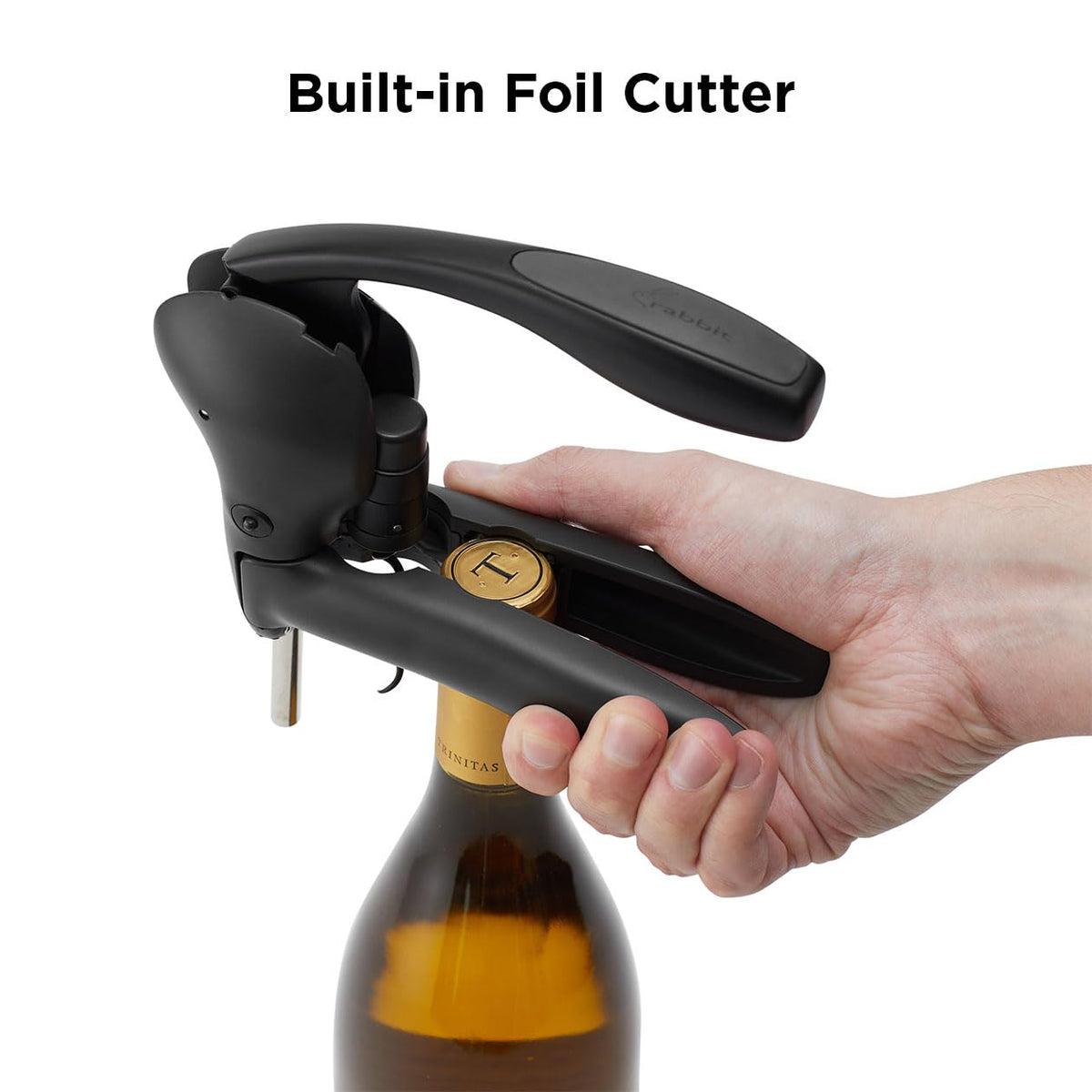 Rabbit lever corkscrew in action removing a cork smoothly