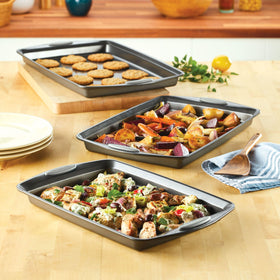 Rachael Ray bakeware 10x15 cookie pan delivers even heat for uniform browning.