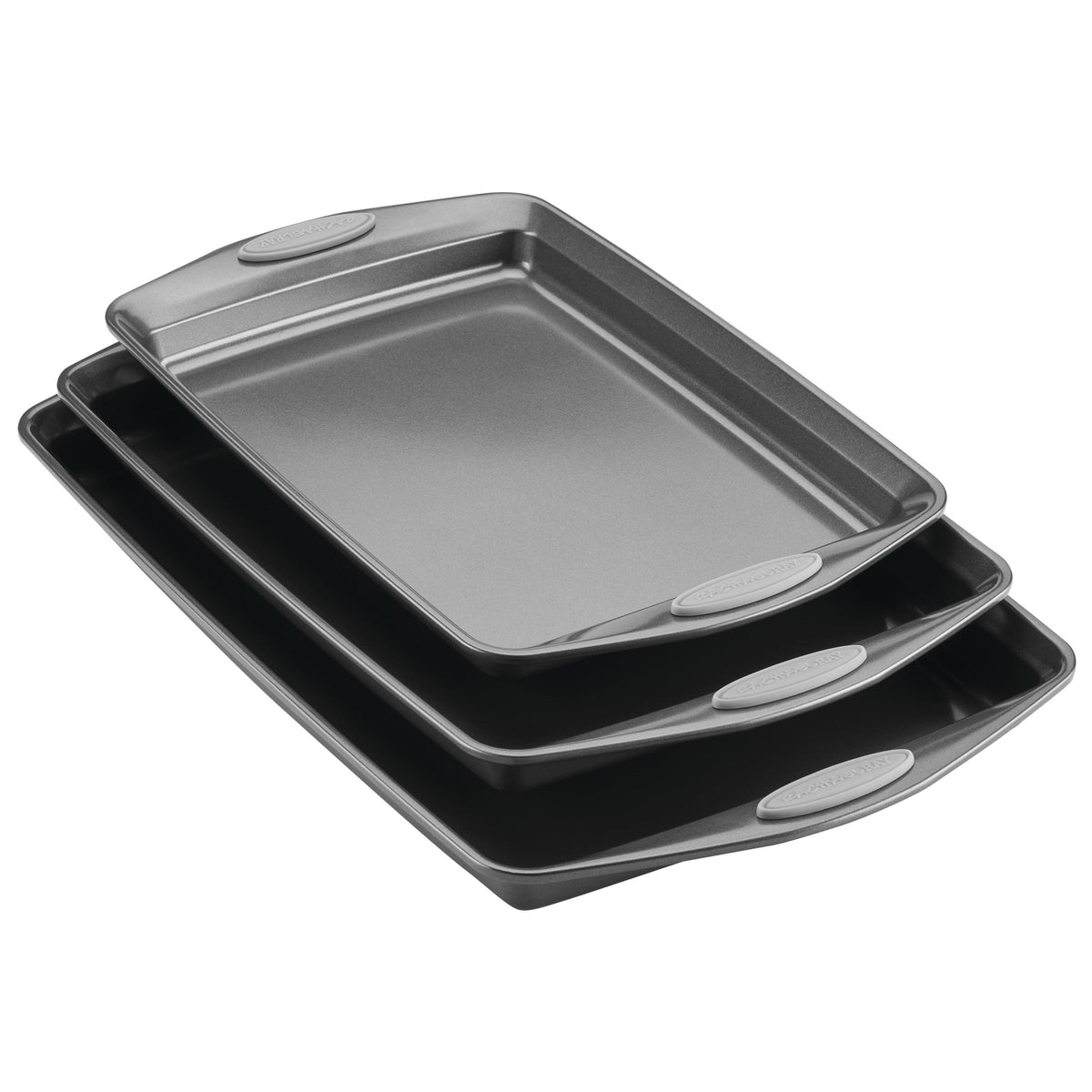Rachael Ray bakeware 9x13 cookie pan with nonstick coating for effortless food release.