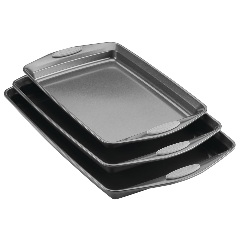 Rachael Ray bakeware 9x13 cookie pan with nonstick coating for effortless food release.
