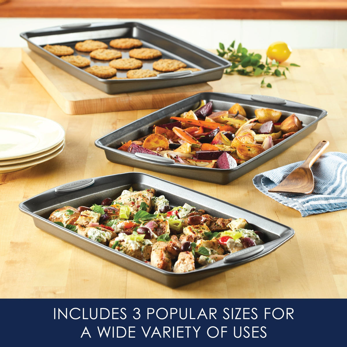 Rachael Ray bakeware set complements other pieces for a complete baking collection.