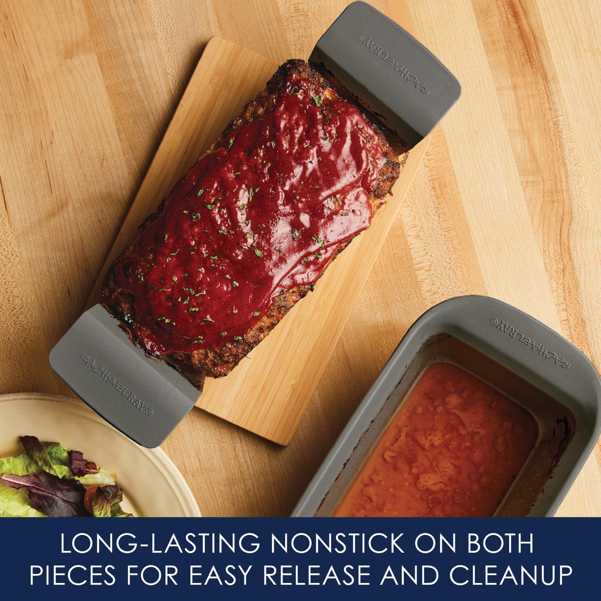 Rachael Ray insert drains fats for cleaner meatloaf pan.