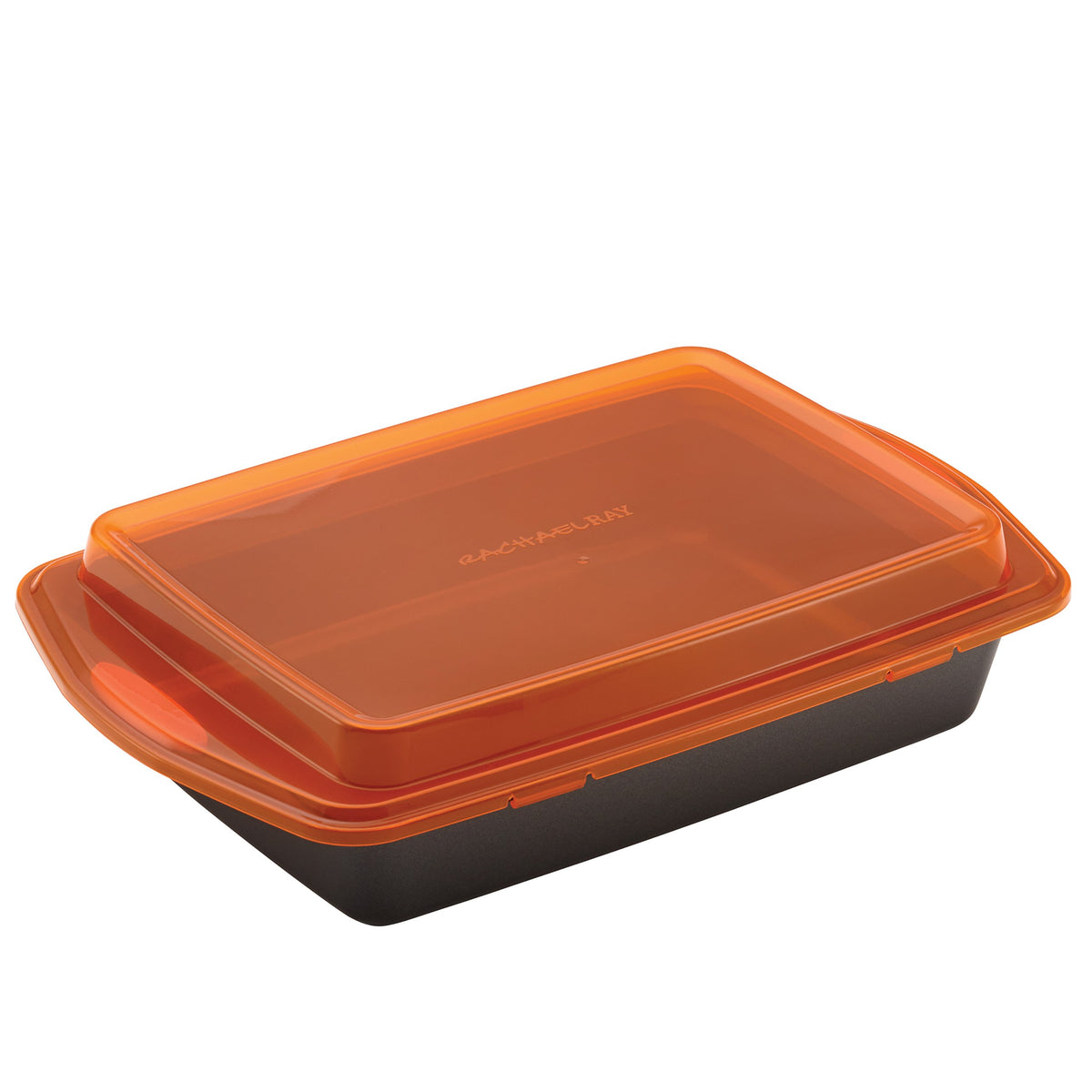 Rachael Ray bakeware lid and grips on 9x13 pan for easy transport.