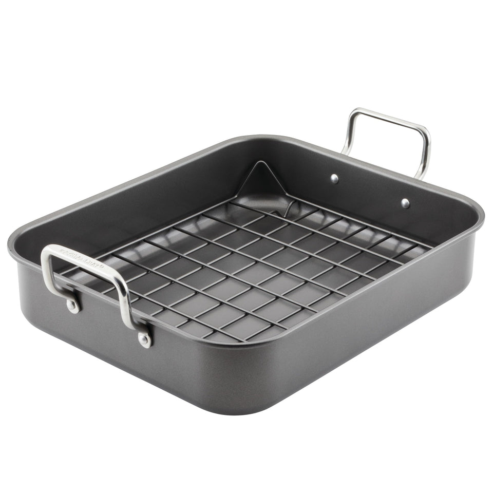 Rachael Ray bakeware nonstick roaster pan for easy release and cleanup.