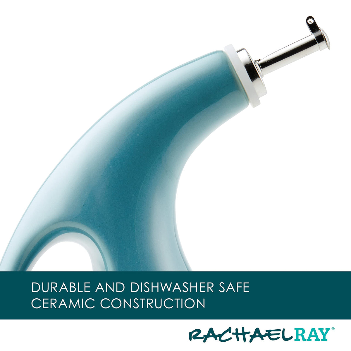 Rachael Ray ceramic dipping cups match this EVOO bottle for a cohesive look