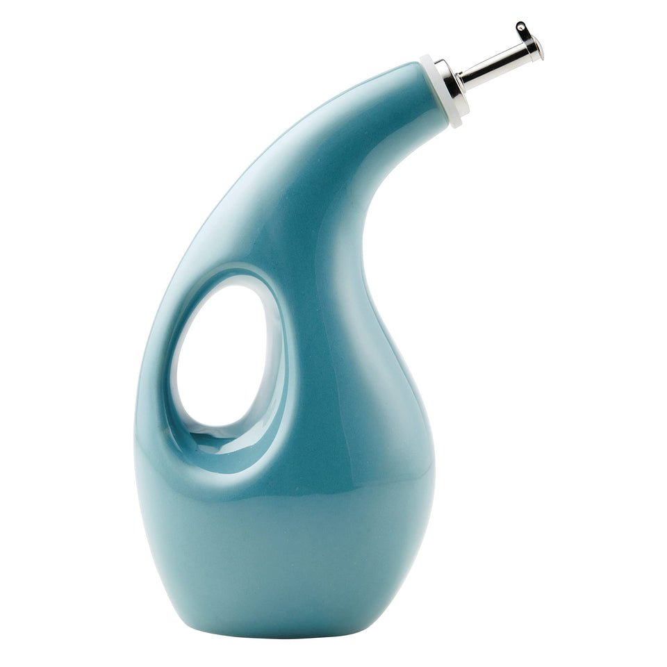 Rachael Ray ceramic EVOO bottle with agave blue glaze for precise oil dispensing