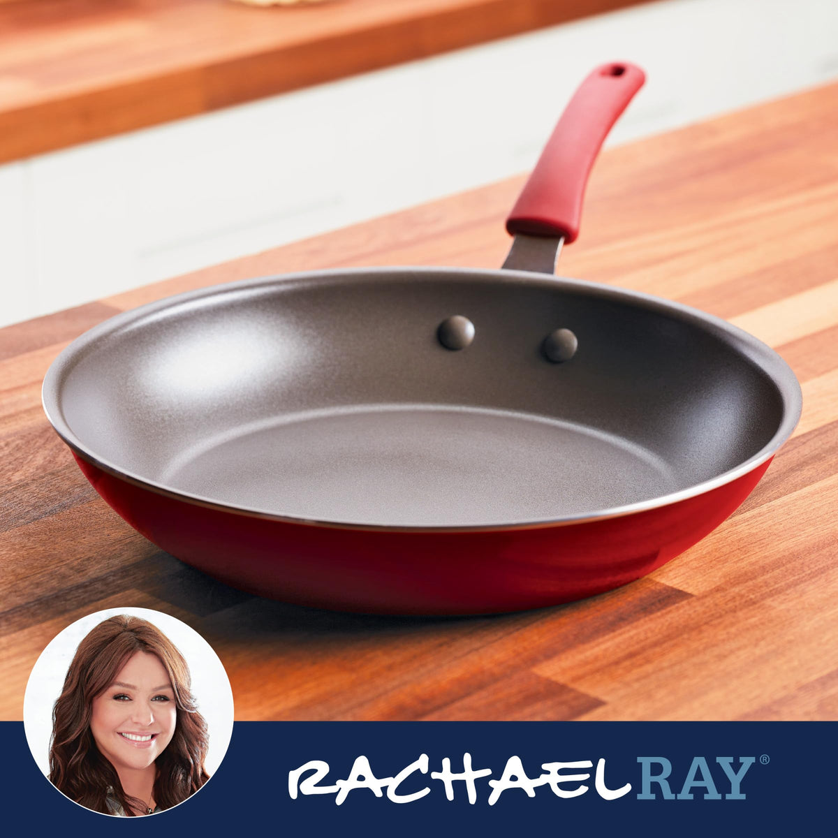 Rachael Ray nonstick interior rivets prevent sticking near the handle.