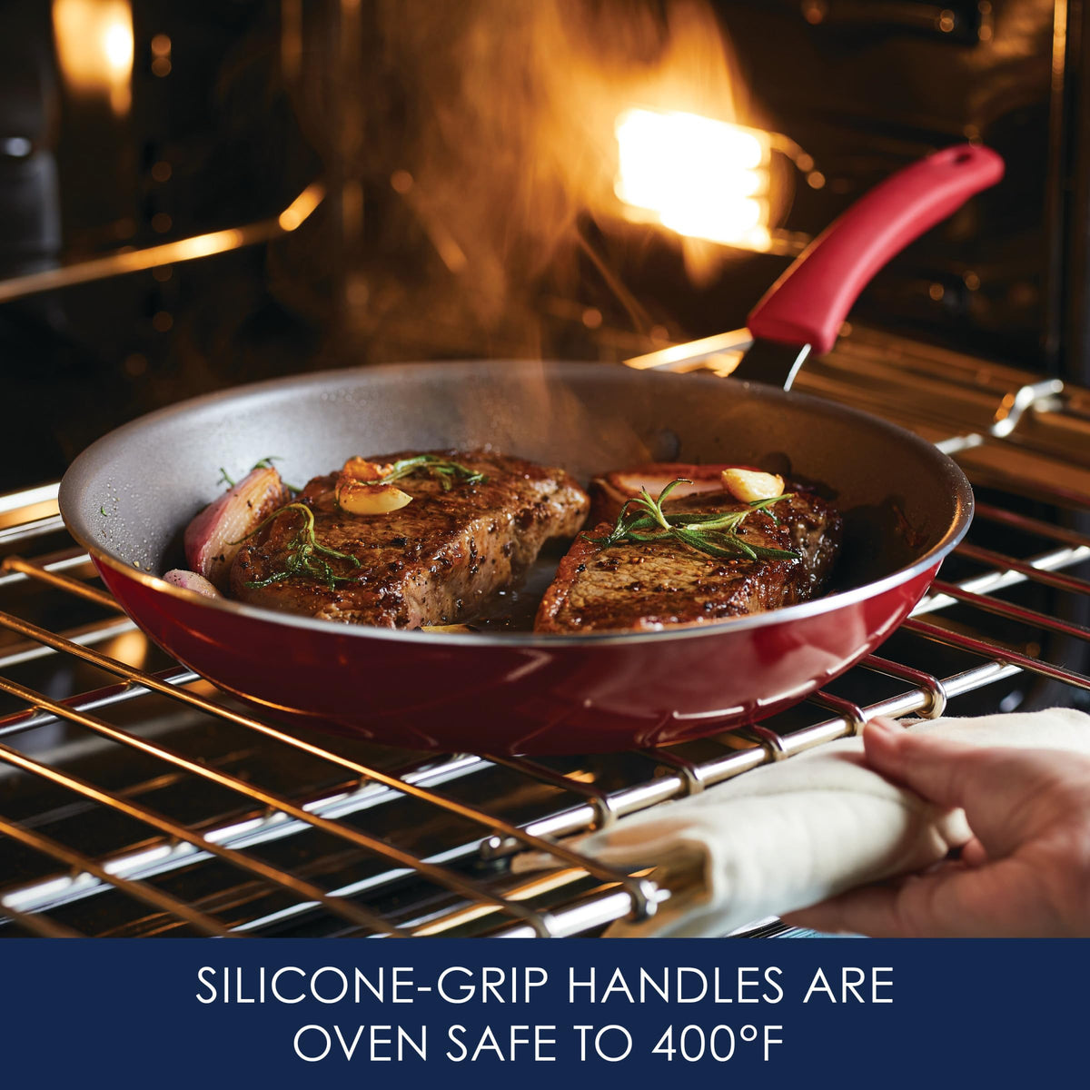 Rachael Ray interior nonstick rivets reduce buildup and simplify cleaning.