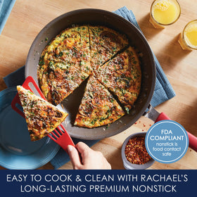 Rachael Ray triple-layer nonstick surface resists scratches and releases foods smoothly.
