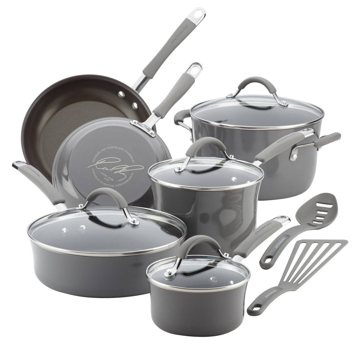 Rachael Ray Cucina 12-piece set in Sea Salt Gray for versatile everyday cooking