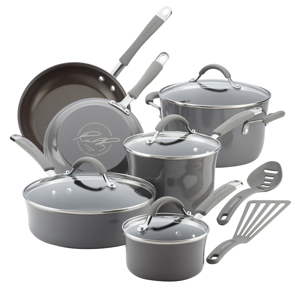 Rachael Ray Cucina 12-piece set in Sea Salt Gray for versatile everyday cooking