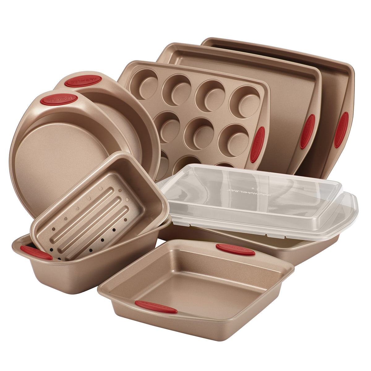 Rachael Ray Cucina nonstick bakeware full set on kitchen counter for versatile baking