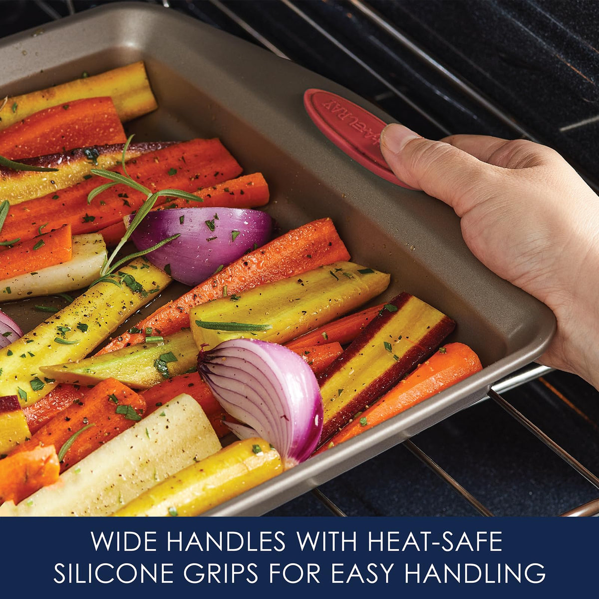 Rachael Ray Cucina square cake pan supports even layers and easy handling