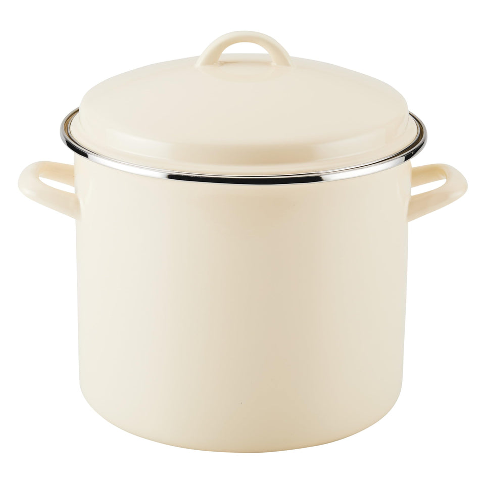 Rachael Ray enamel stockpot 12-quart almond cream, top view, for even heating.