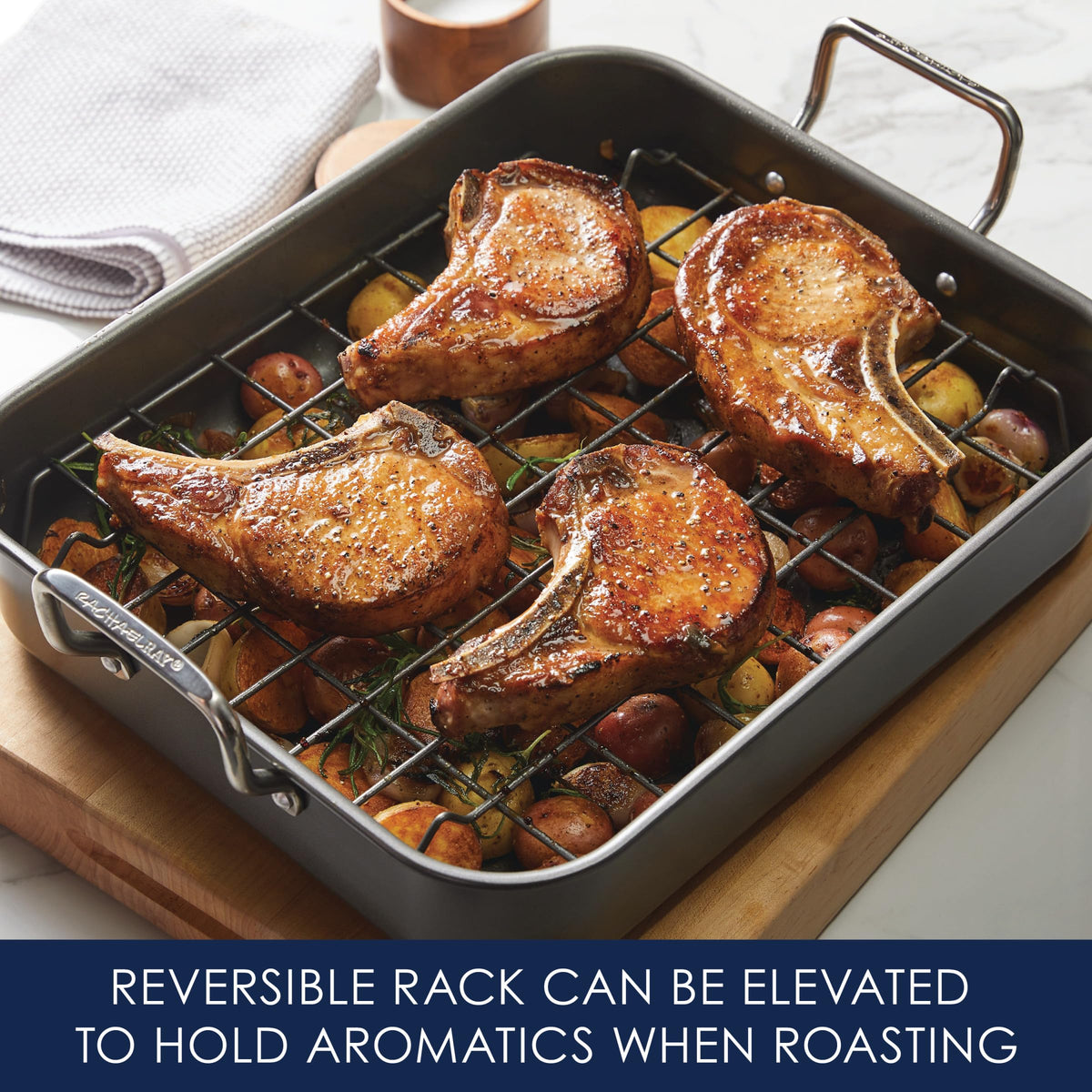 Rachael Ray hi-lo rack lets you adjust height for vegetables or aromatics.