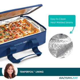 Rachael Ray Lasagna Lugger exterior pocket provides convenient utensil storage.