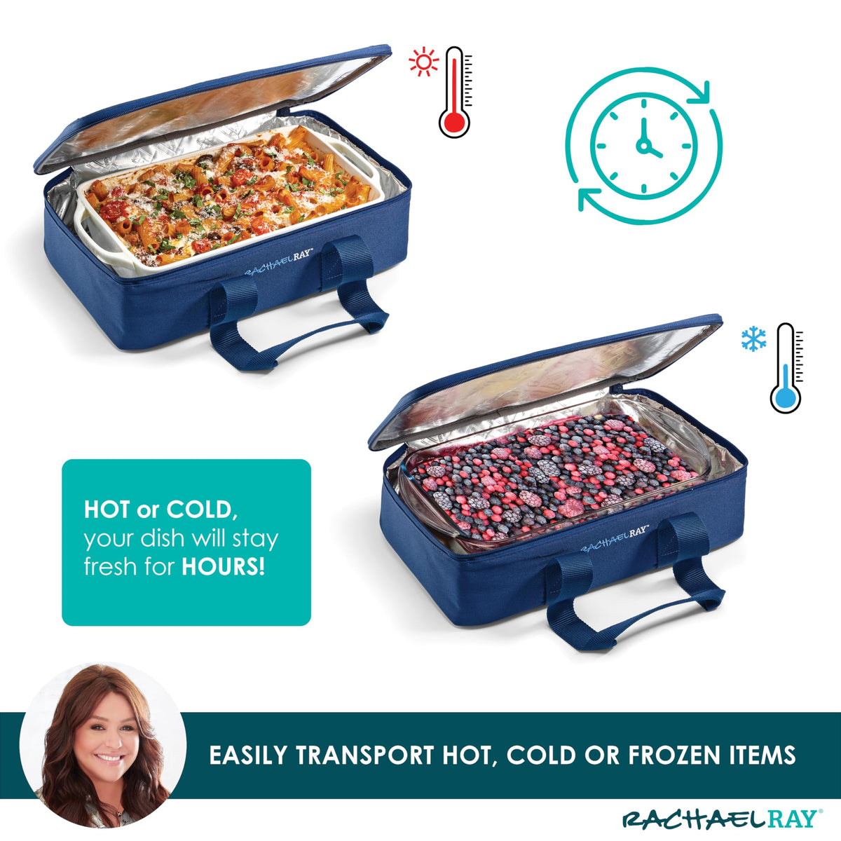 Rachael Ray Lasagna Lugger insulated fabric preserves temperature for travel.