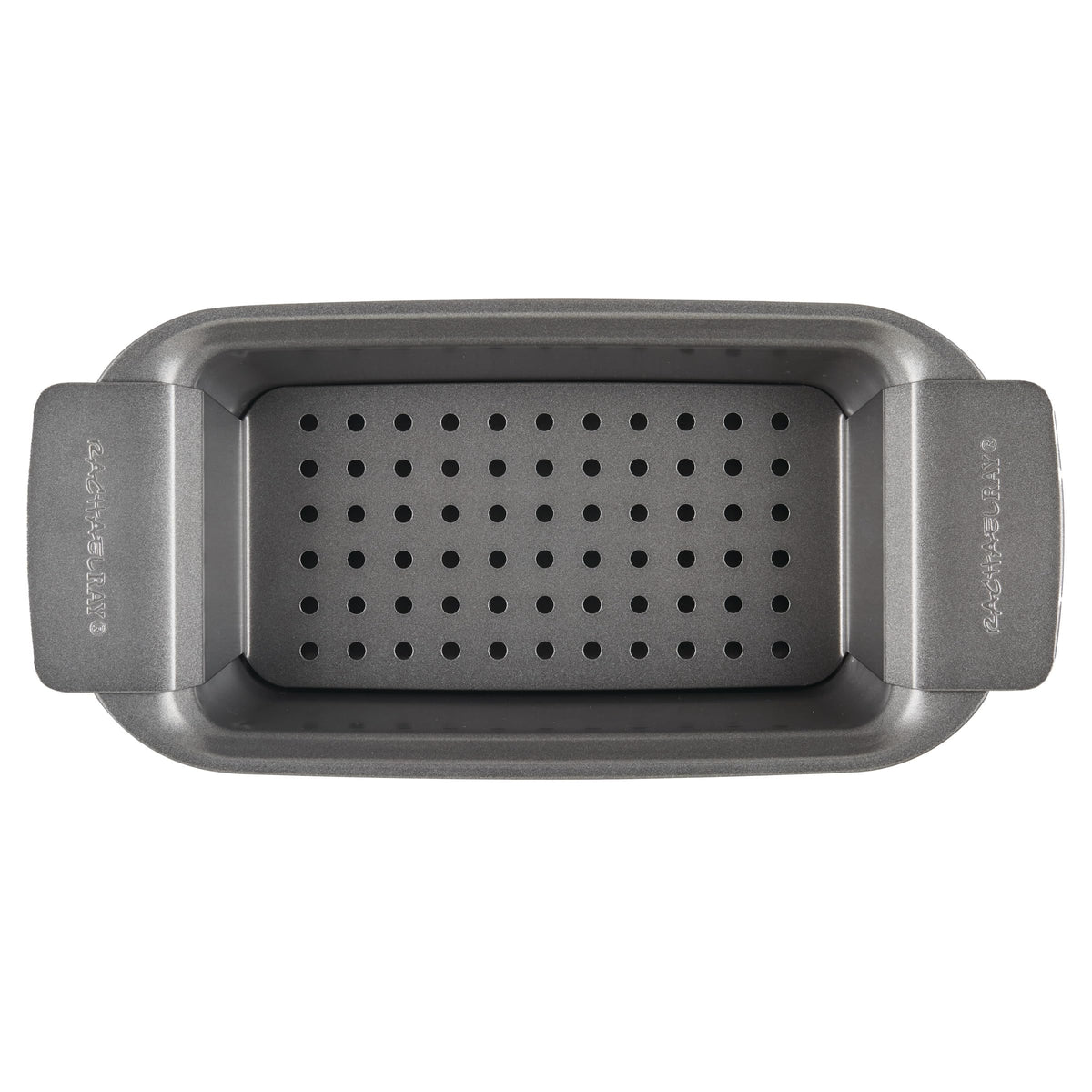 Rachael Ray loaf pan with gray finish for chic kitchen.