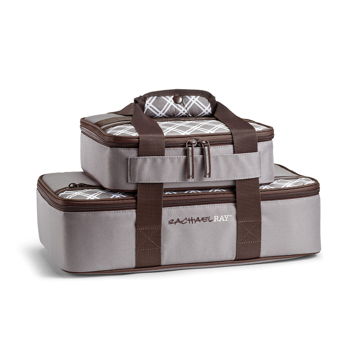 Rachael Ray Lugger Duo large carrier open for easy loading of hot or cold dishes.
