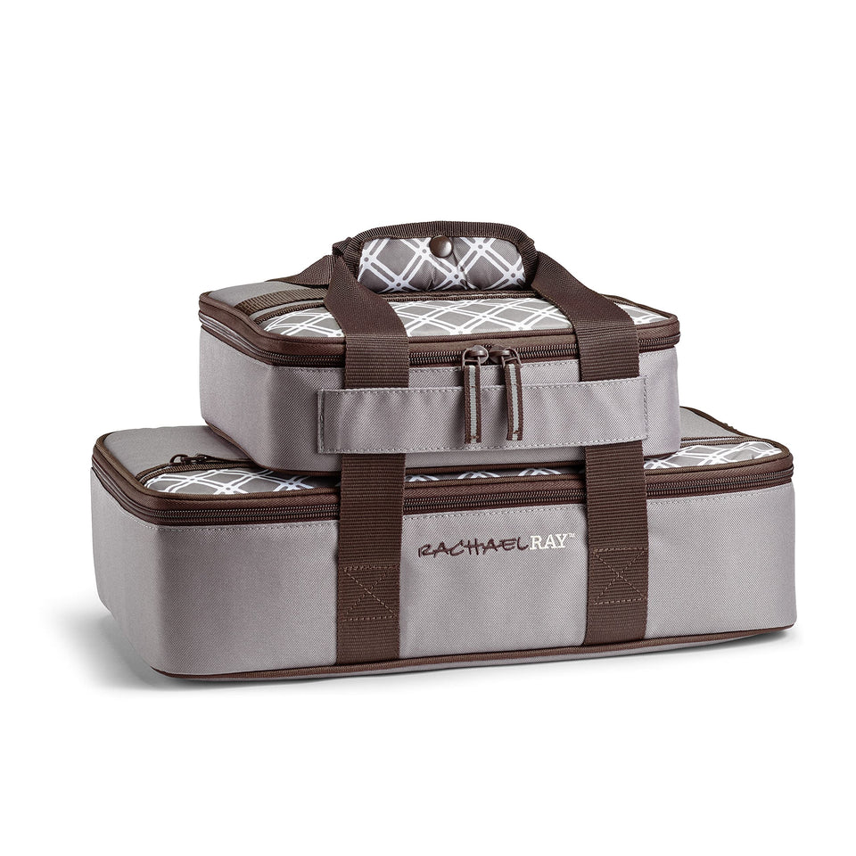 Rachael Ray Lugger Duo large carrier open for easy loading of hot or cold dishes.