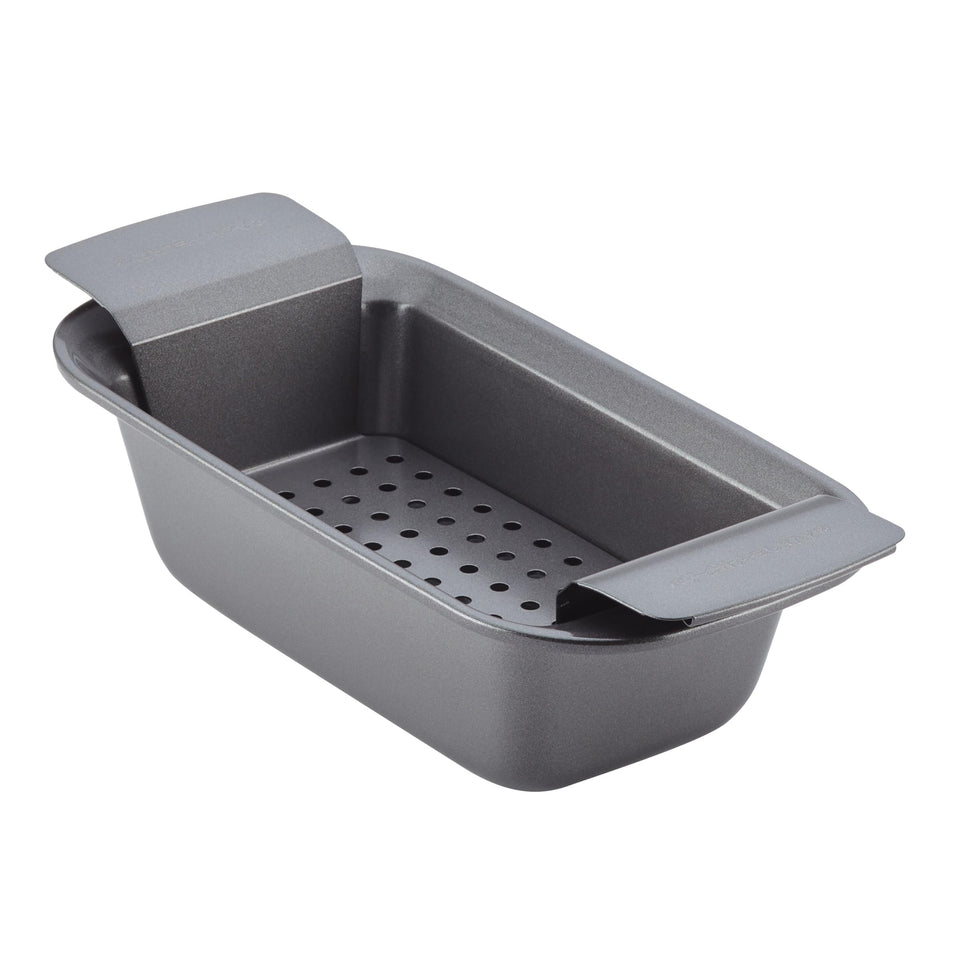 Rachael Ray meatloaf pan with insert, two-piece design for easy fat drainage.