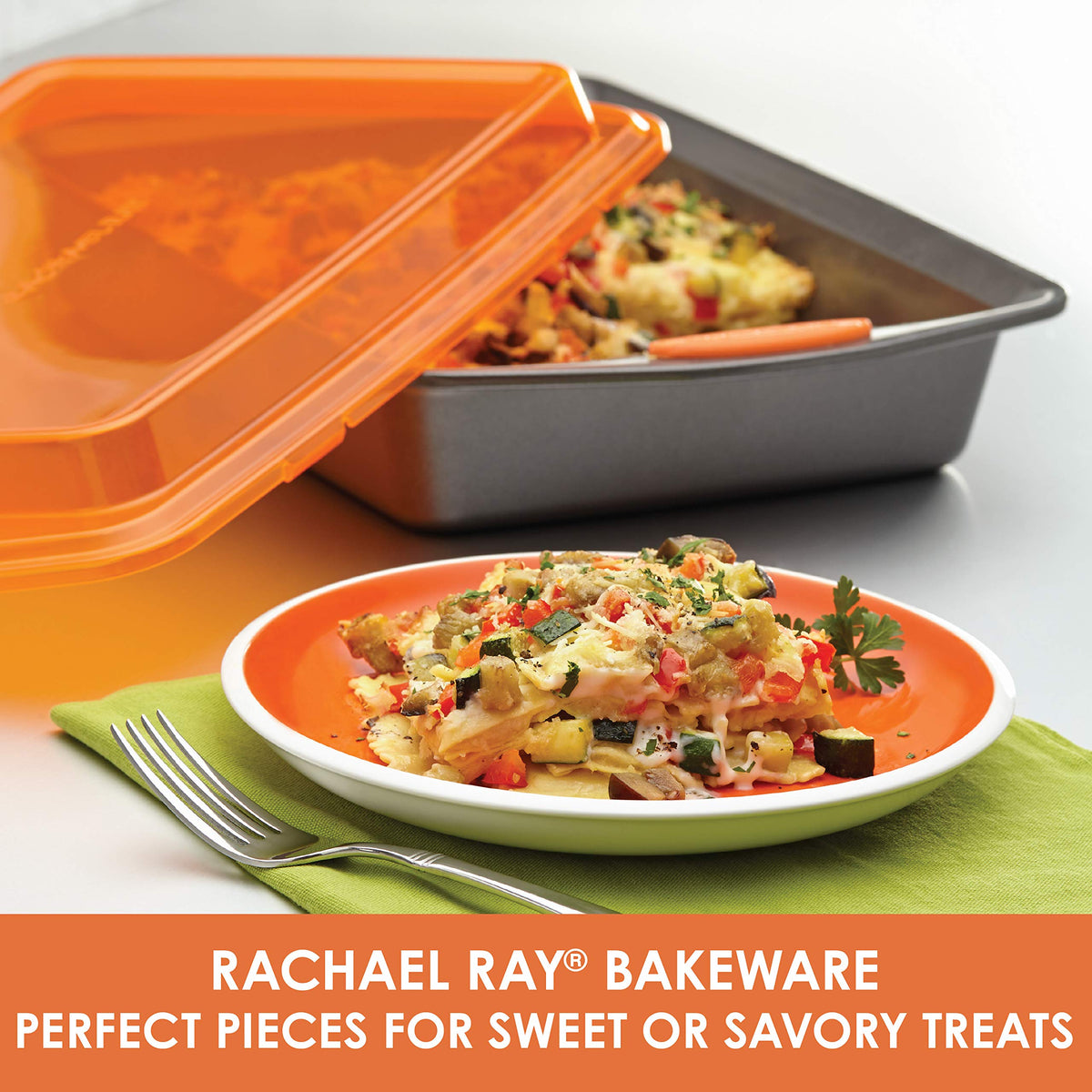 Rachael Ray pan withstands up to 500°F for versatile baking.