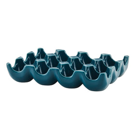 Rachael Ray teal solid glaze ceramic egg tray stores 12 eggs neatly in the fridge.