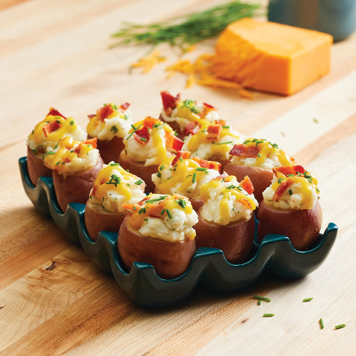Rachael Ray glazed ceramic tray with satin finish preserves vibrant color on table.
