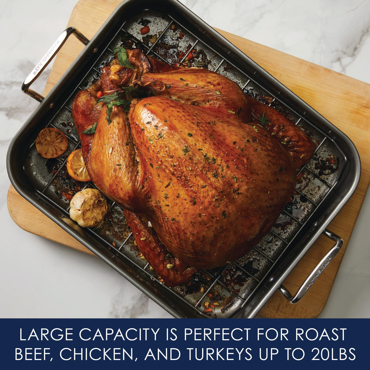 Rachael Ray wide handles provide a secure grip when moving large roasts.