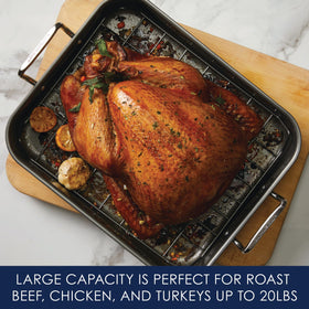 Rachael Ray wide handles provide a secure grip when moving large roasts.