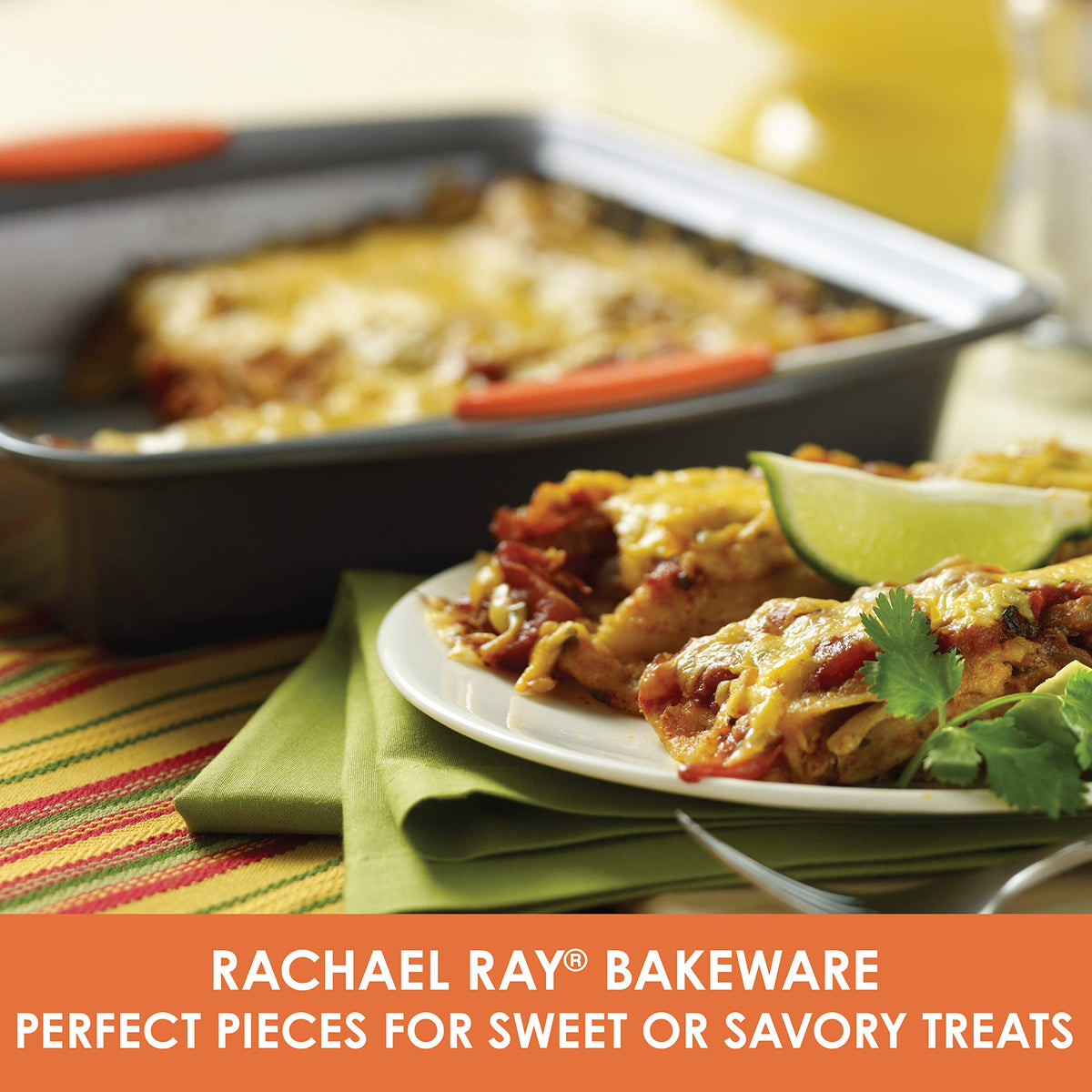 Rachael Ray Yum-o square pan in oven-ready position highlighting sturdy steel.