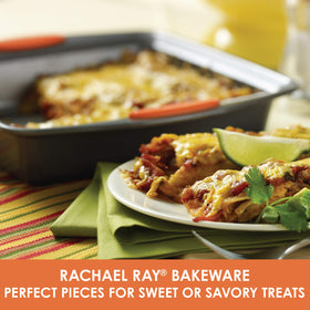 Rachael Ray Yum-o square pan in oven-ready position highlighting sturdy steel.