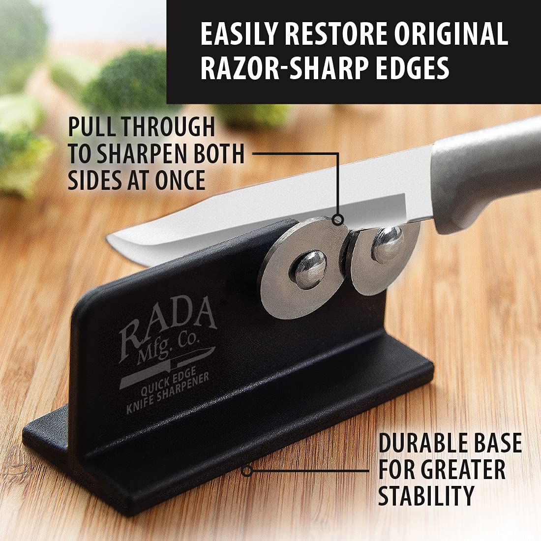 RADA Quick Edge Sharpener dual-wheels close-up highlighting hardened stainless steel wheels.