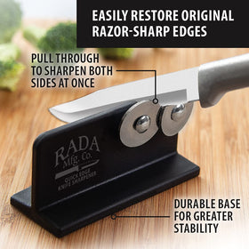 RADA Quick Edge Sharpener dual-wheels close-up highlighting hardened stainless steel wheels.