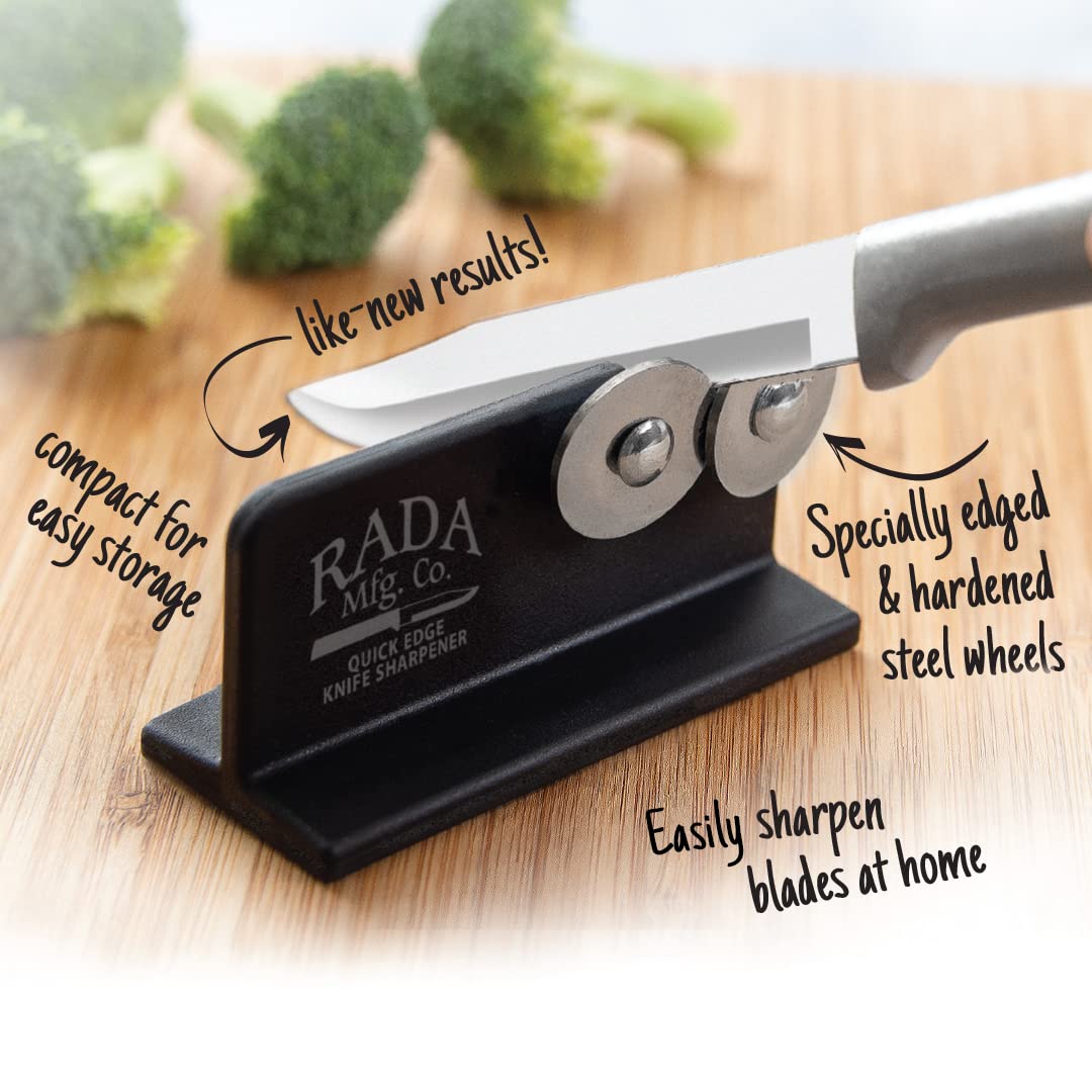 RADA Quick Edge Sharpener made in USA label for domestic manufacturing.