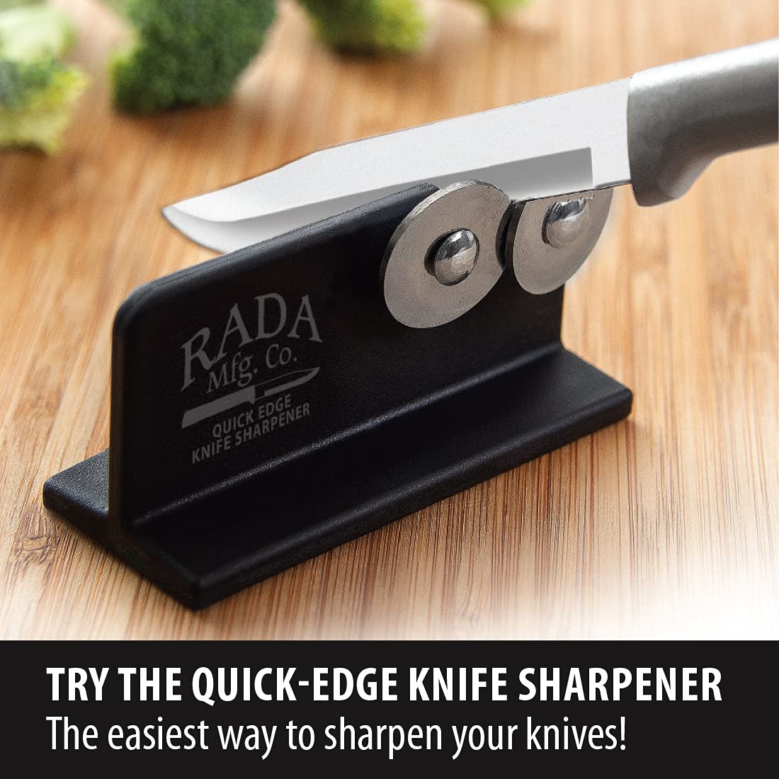 RADA Quick Edge Sharpener stainless-steel wheels in action for precise sharpening.