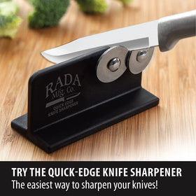 RADA Quick Edge Sharpener stainless-steel wheels in action for precise sharpening.