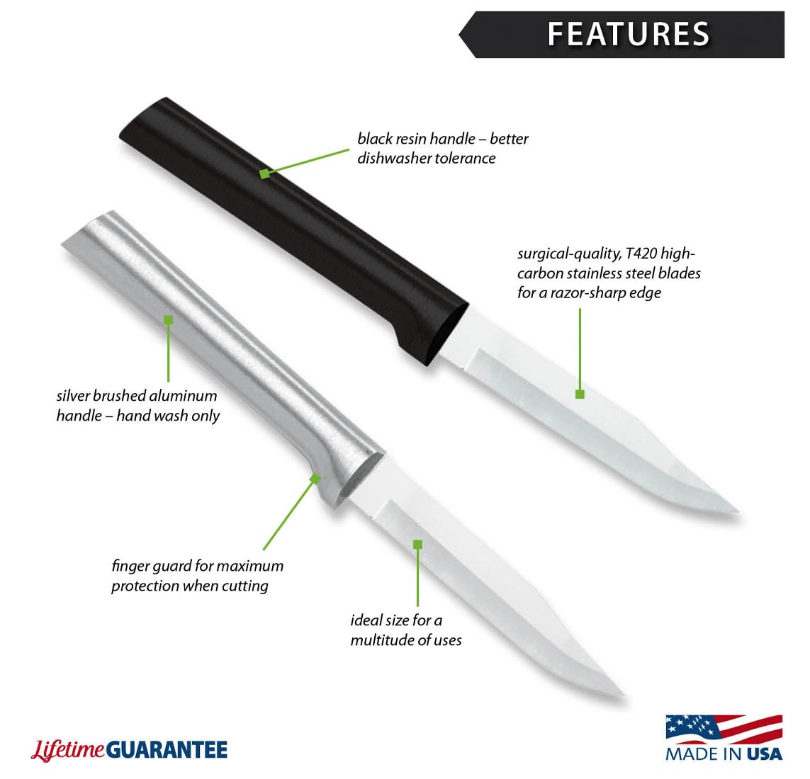 RADA Regular Paring Knife handle shows brushed aluminum for a secure grip.