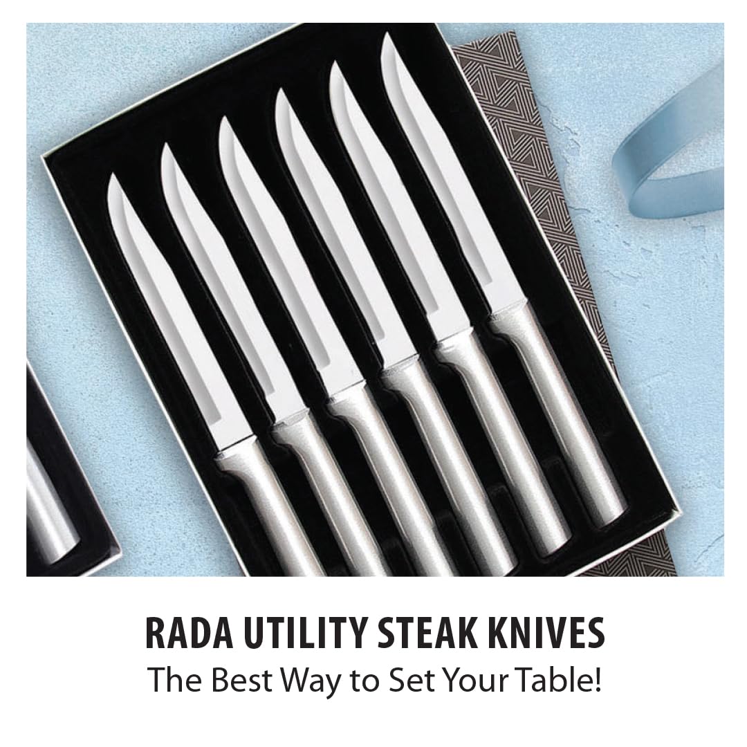 Rada silver-handled knives with satin finish ready for tabletop use.