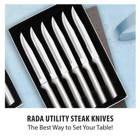 Rada silver-handled knives with satin finish ready for tabletop use.