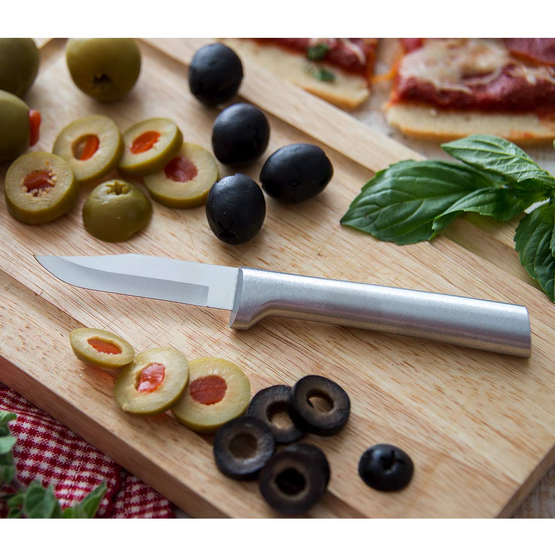RADA silver aluminum handles offer comfortable grip during long prep sessions.