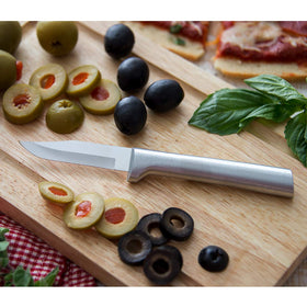 RADA silver aluminum handles offer comfortable grip during long prep sessions.