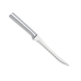 RADA Tomato Slicer Knife 5in blade close-up highlighting sharp dual-serrated edge for clean tomato slices