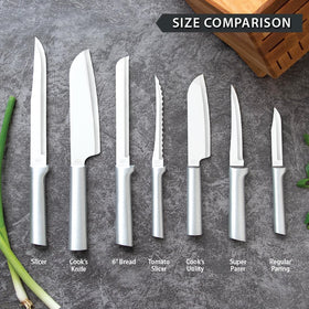 RADA Tomato Slicer Knife used on burger and veggie tray for precise tomato slices