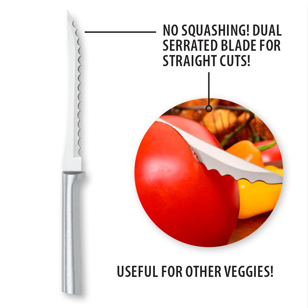 RADA Tomato Slicer Knife silver handle emphasizes durable, handwash-only aluminum construction