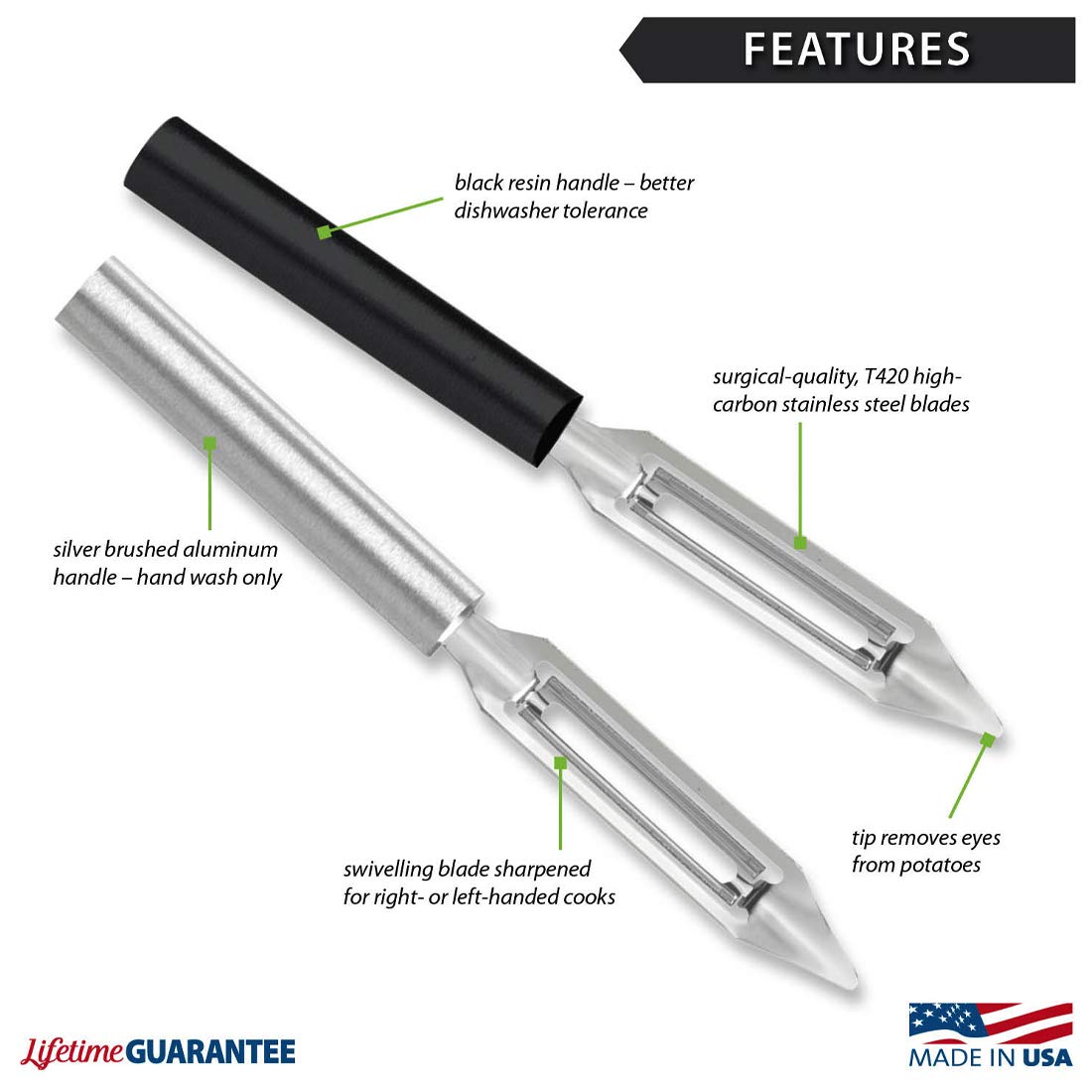 RADA peeler with T420 stainless steel blade for durable, sharp performance.