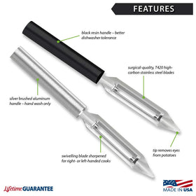RADA peeler with T420 stainless steel blade for durable, sharp performance.