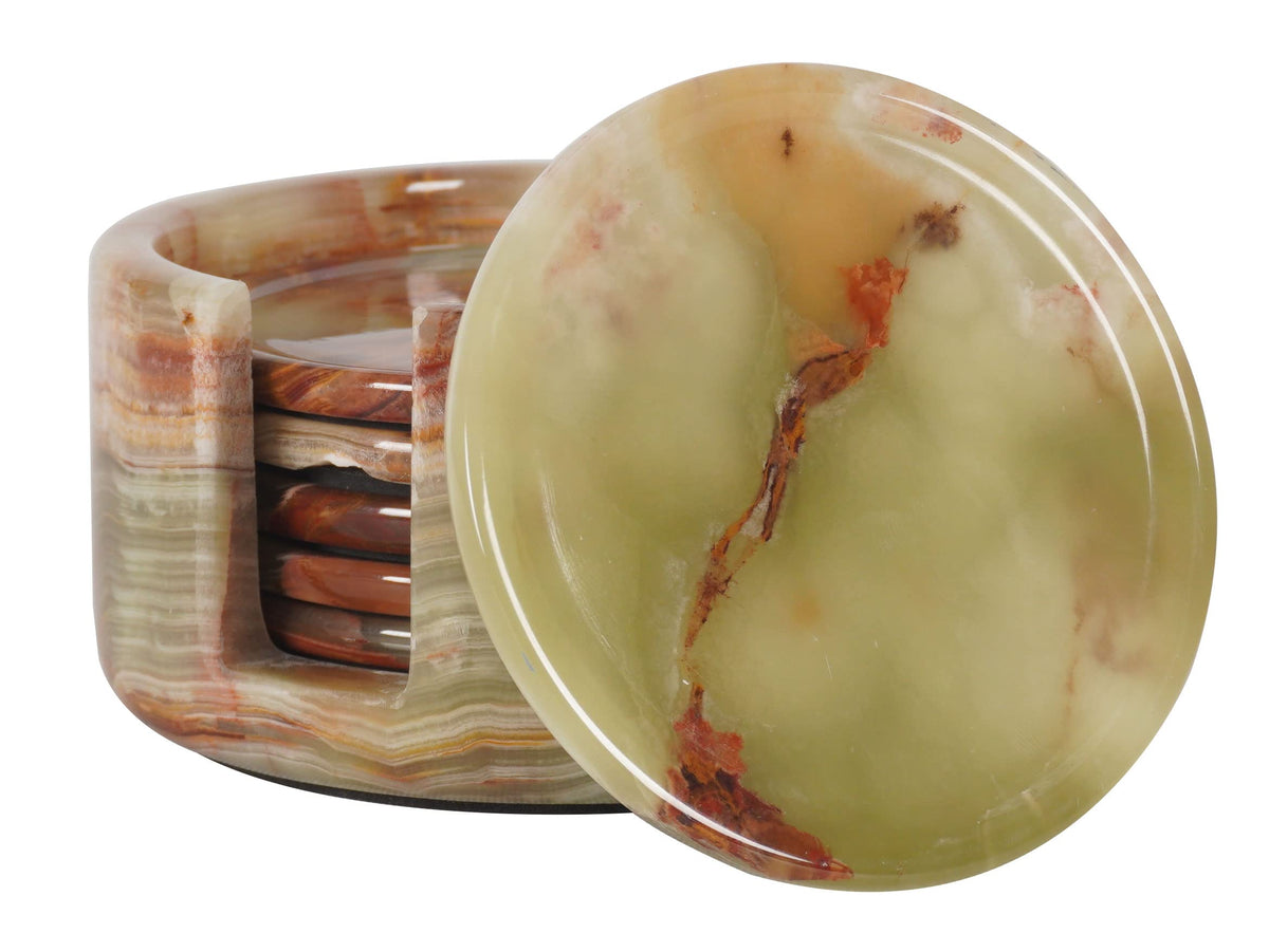 Radicaln green Onyx marble coaster set of six with holder for refined tabletops.