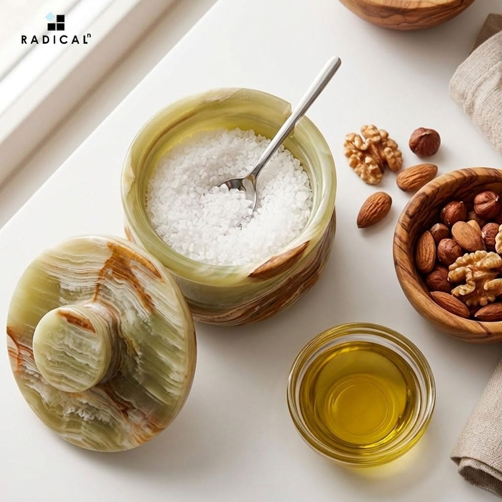 Radicaln salt cellar with included spoon for easy portioning during cooking.