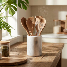 Radicaln Marble Utensil Holder close-up reveals natural veining and premium craftsmanship.